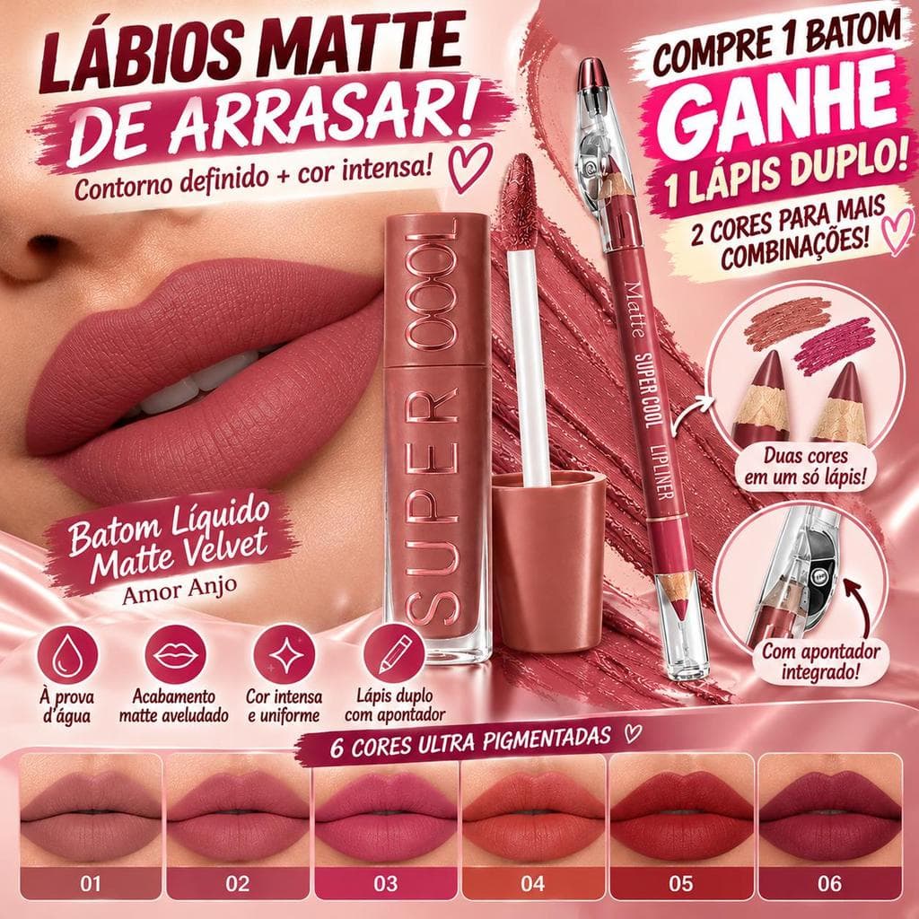 Batom Líquido Matte Velvet Super Cool Amor Anjo à Prova D'Água 6 Cores + Brinde Lápis Labial Duplo 2 em 1 com Apontador