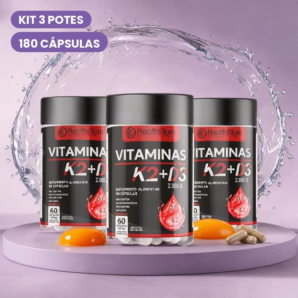 Suplemento Vitamina K2 + Vitamina D3 2000UI 500mg 180 Cápsulas Kit com 3 Potes