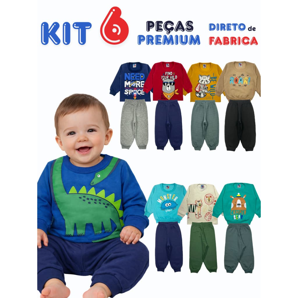 Kit 6 Peças Moletom Bebê Menino Inverno Felpado 3 Conjuntos P M G 1 a 9 Meses