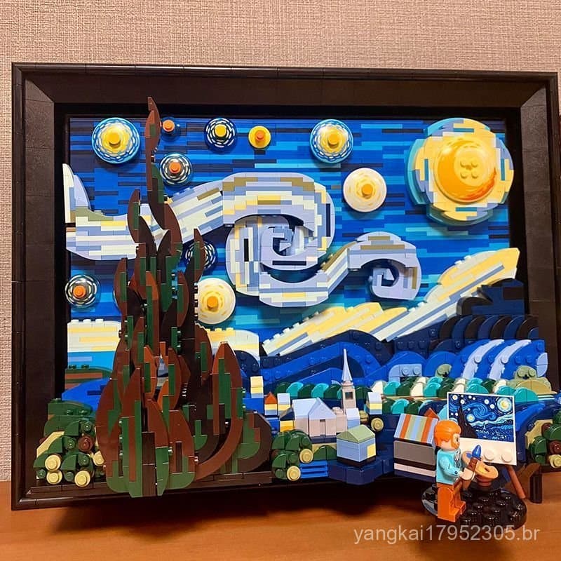 Blocos de Montar da Noite Estrelada de Van Gogh Compatíveis com Lego, Modelo de Brinquedo para Montar, Quebra-Cabeça 3D,