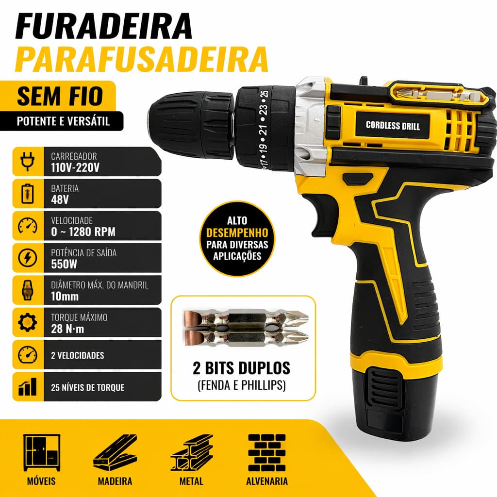 Parafusadeira Furadeira Sem Fio 48V Íon Lítio 550W 28N.m Bivolt Kit Completo Ferramenta Multifuncional Doméstica