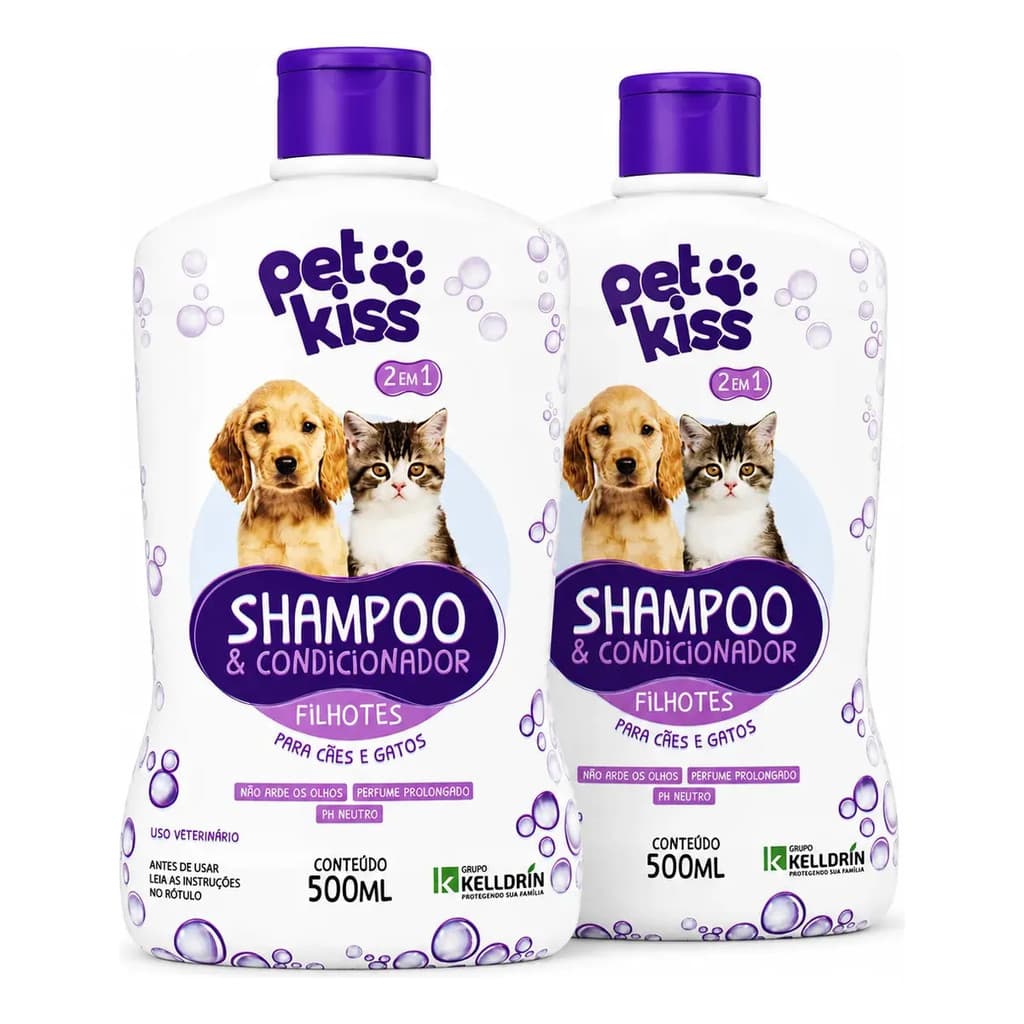 2 Shampoos 2 em 1 para Filhotes Pet Kiss 500ml Cães e Gatos