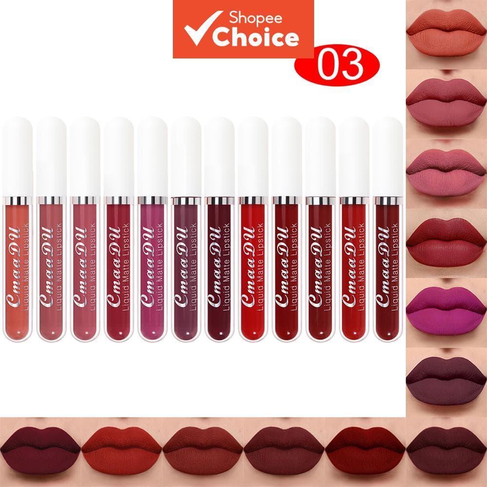 CmaaDU Batom Líquido Matte Velvet de Longa Duração 12 Cores, À Prova d'Água, Não Grudento, Brilho Labial Fosco,