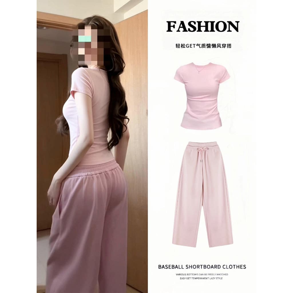 [Roupas femininas da moda] Rosa de manga curta Casual esportes roupas de Fitness terno feminino verão usar um conjunto i