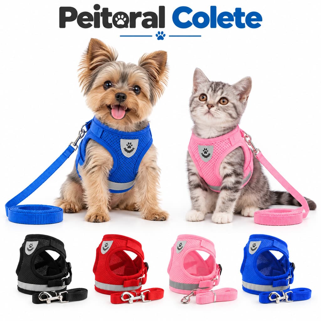 Coleira Peitoral Colete + Guia p/ Cachorro e Gato Refletivo Confortável Pets Caes Pequenos Filhotes