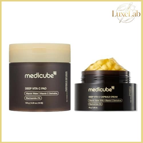 Kit Medicube Deep Vita C: Lenço Tônico Vita C + Creme Cápsula de Vitamina C | Uniformiza Tom e Clareia Manchas