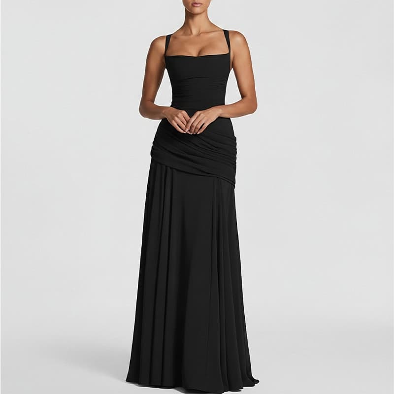 Vestido feminino de verão 2026, sem mangas, cintado, saia ampla, vestido de festa com alças