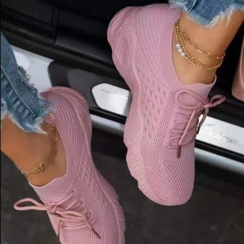 Nova Moda Sapatos Femininos Tênis Casuais Malha Confortável Rendas Senhoras Esportivos Cunhas Chunky Vulcanizados