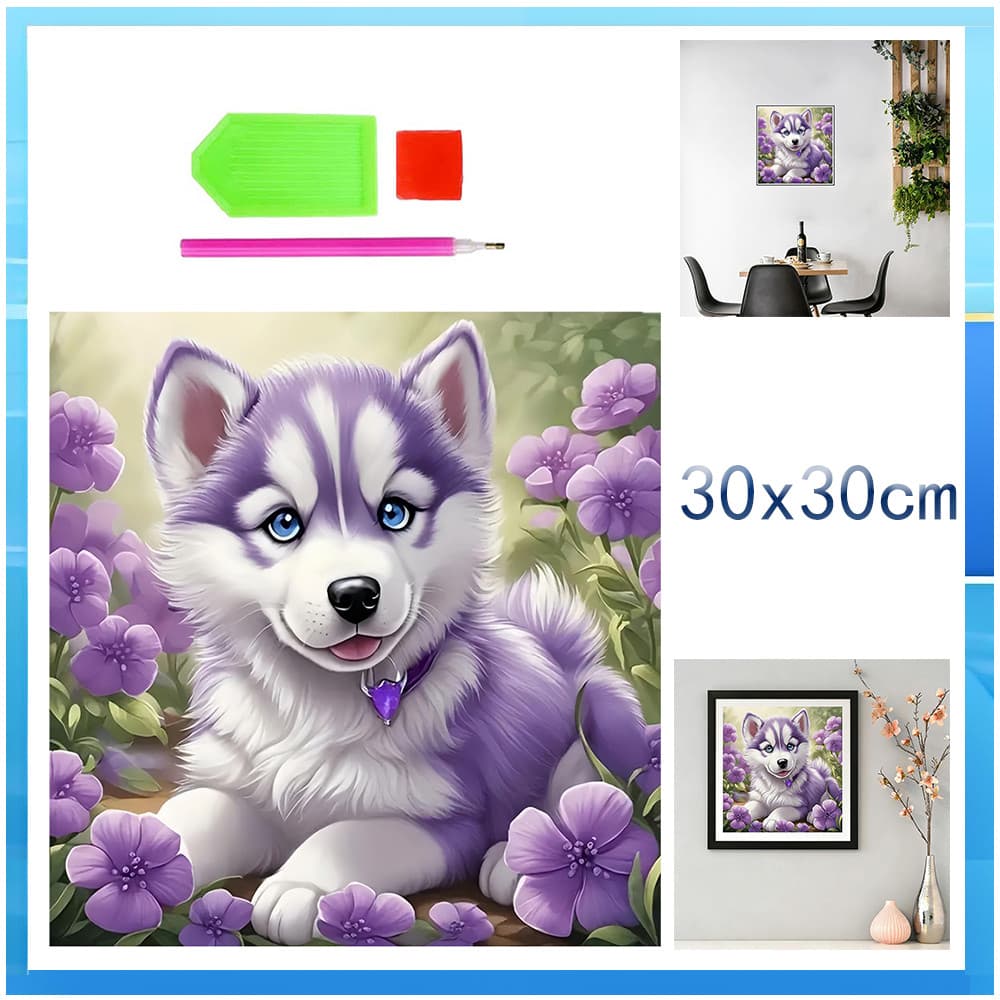 Conjunto de pintura diamante adulto circunferência da flor cão roxo 30x30cm 5D diamante quadrado adequado para decoração