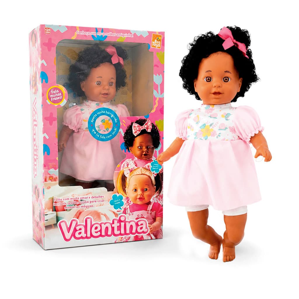 Boneca Bebê Valentina Negra Articulada Com Sons E Interativa Para Crianças 54 Cm - Bee Toys