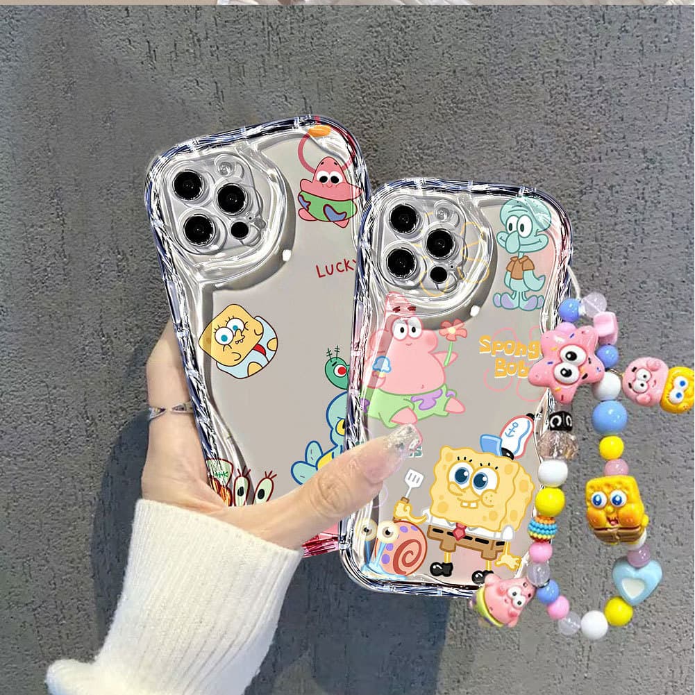 Não amarela Capinha para iPhone 17/16/15/14/13/12 Pro Max Capa de celular transparente com cordão do Bob Esponja
