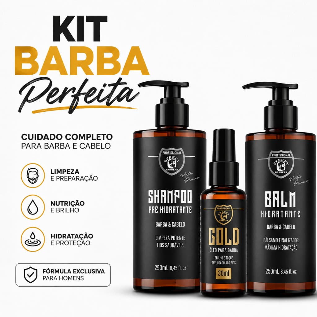 Kit Barba Perfeita Shampoo Pré-Hidratante 250ml + Balm Hidratante 250ml + Óleo Finalizador 30ml Kiunic Street