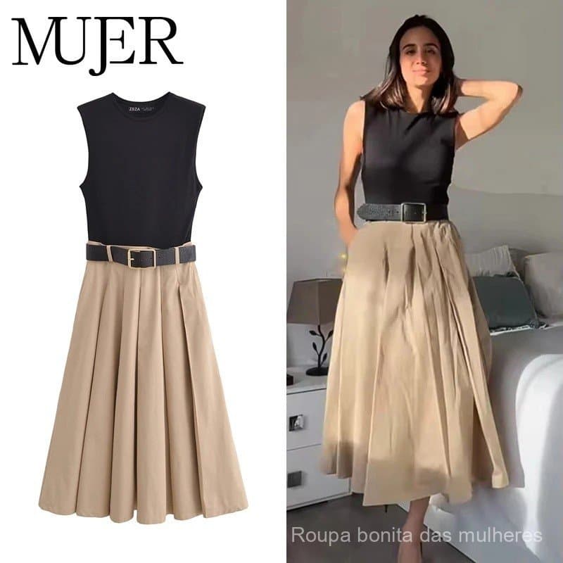 MUJER 2025 Vestidos Femininos, Vestido Midi Plissado com Cinto, Vestido de Verão Sem Mangas para Mulheres, Vestidos de F