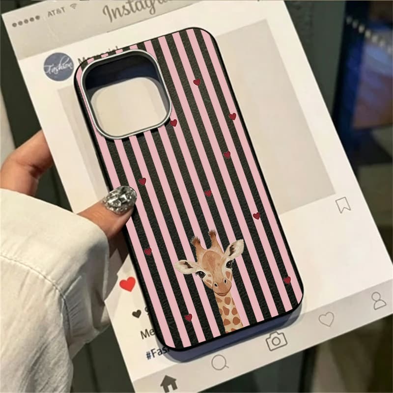 Capinha para iPhone 17/16/15/14/13/12 Pro Max Capinha de celular de couro macio com estampa de girafa ros