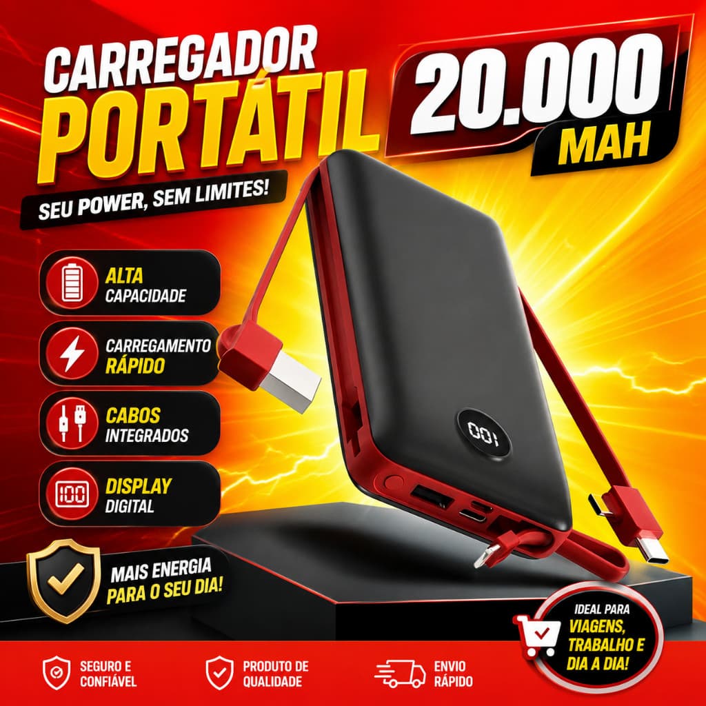 Carregador Portátil Bateria Power Bank 20000mah Carregamento rápido, compatível com iPhone e Android