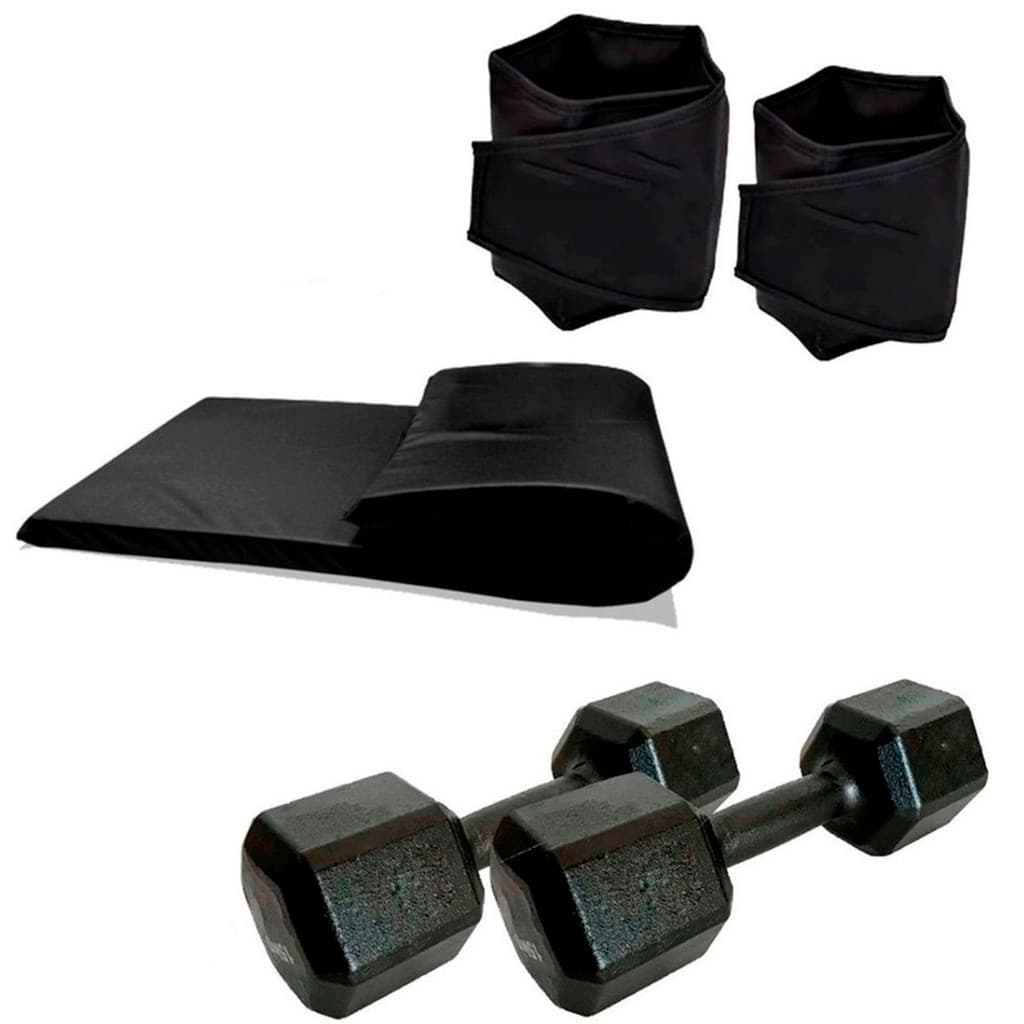 Kit Treino  Em Casa - Colchonete + Par Halter Sextavado 2kg + Par Caneleira 2Kg - Academia Cross training em Casa