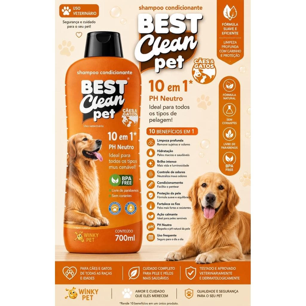 Shampoo Condicionante Best Clean Pet Bomba de Vitaminas 10 em 1 700ml PH Neutro para Cães e Gatos - Uso Diário