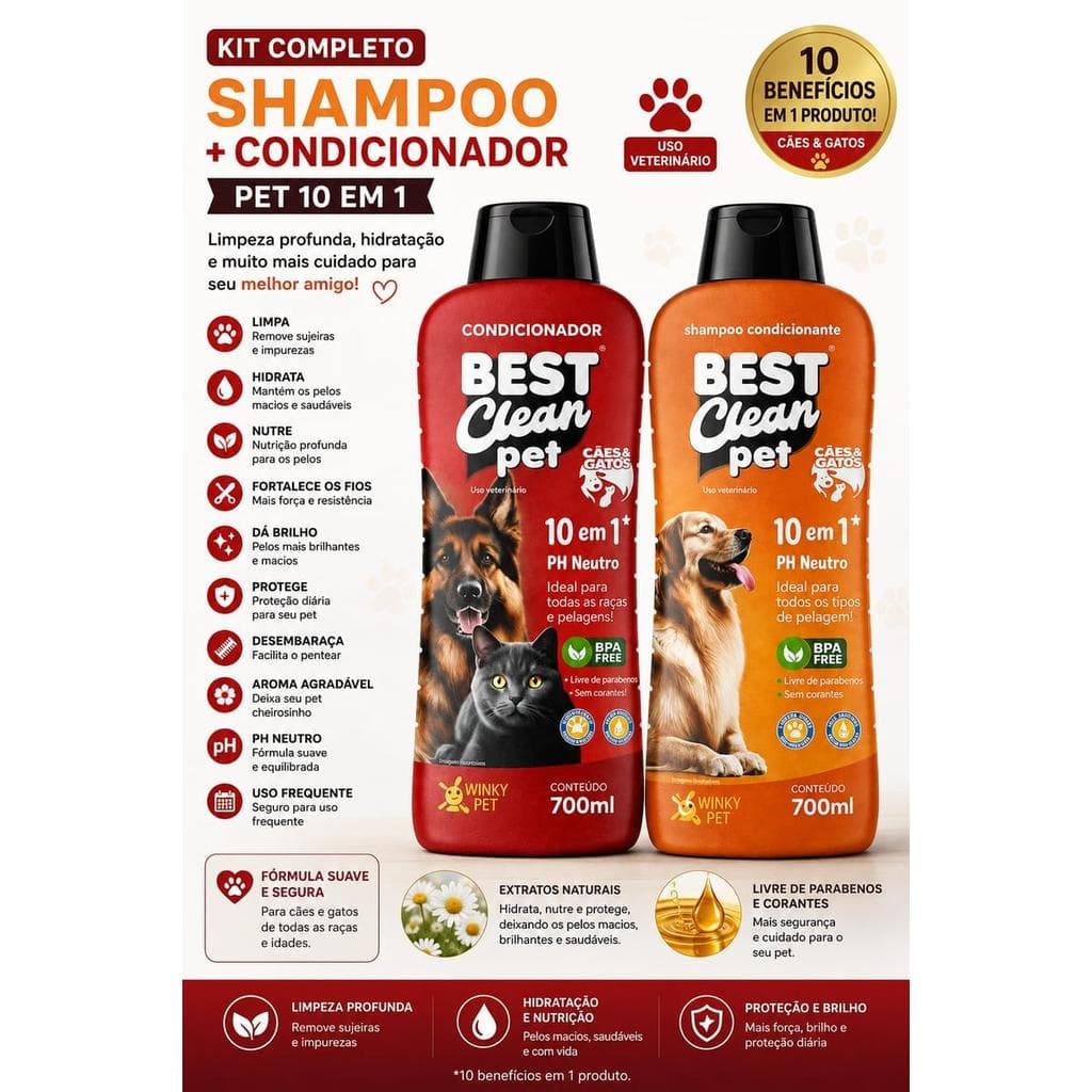 Kit Shampoo Neutro com Condicionador Pet 10 em 1 Best Clean Pet 700ml cada - pH Neutro, sem parabenos, para cães e gatos