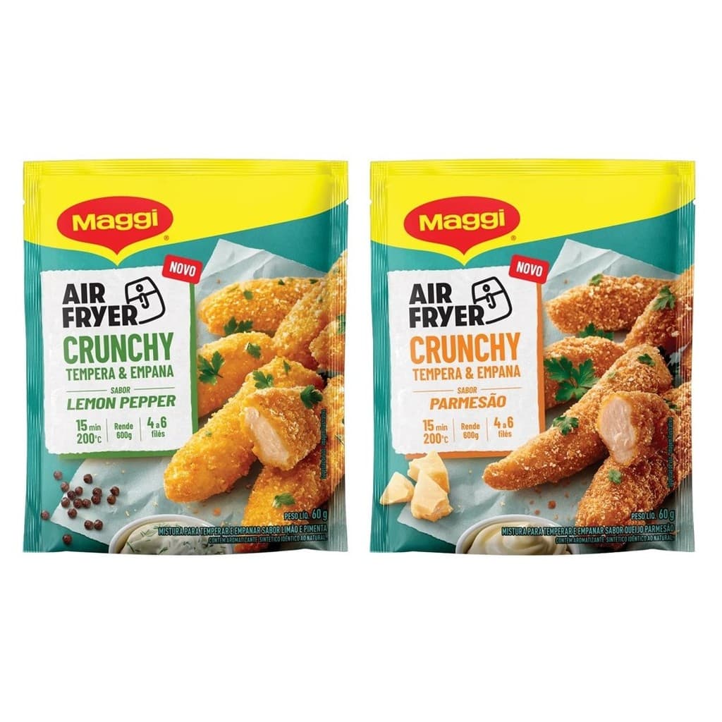 Kit 2 Maggi Air Fryer Crunchy Tempera e Empana Farinha de Empanar Frango Sabores Parmesão e Lemon Pepper 60g
