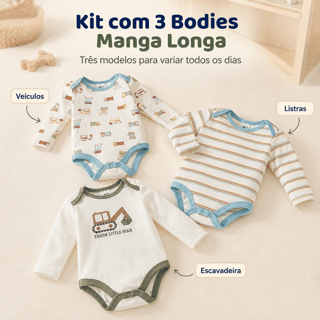 Kit Body Bebê 3 Peças Manga Longa 60% Algodão 40% Poliéster Roupa Infantil Body Bebê Enxoval 0 a 9 Meses P M G