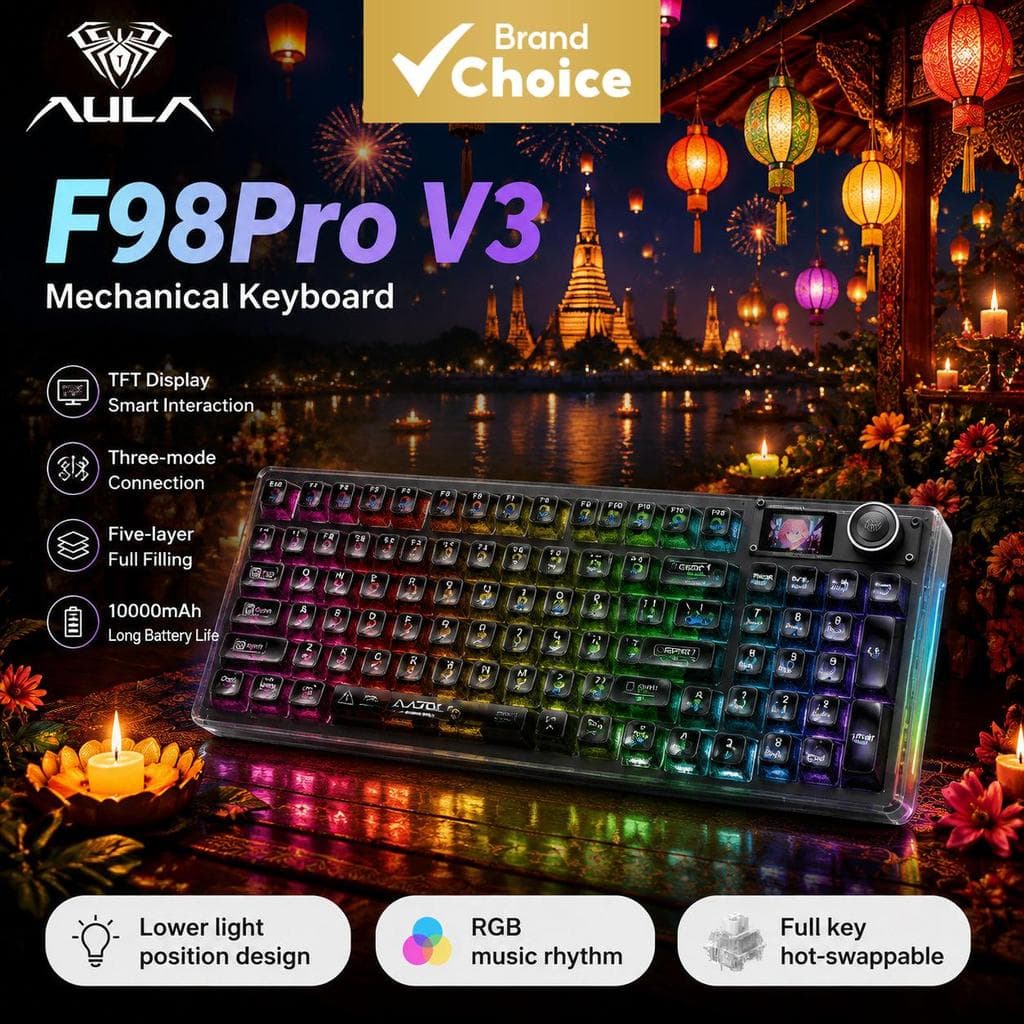 Teclado Mecânico Gamer Sem Fio Aula F98Pro V3, RGB, Switch Ice Crystal, 95 teclas, USB-C, para PC e laptop