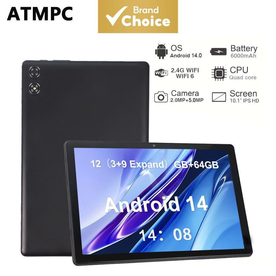 Tablet ATMPC de 10 polegadas para crianças, Android, sistema 14, 12 GB de RAM (3 GB + 9 GB expansíveis) + 64 GB de ROM,