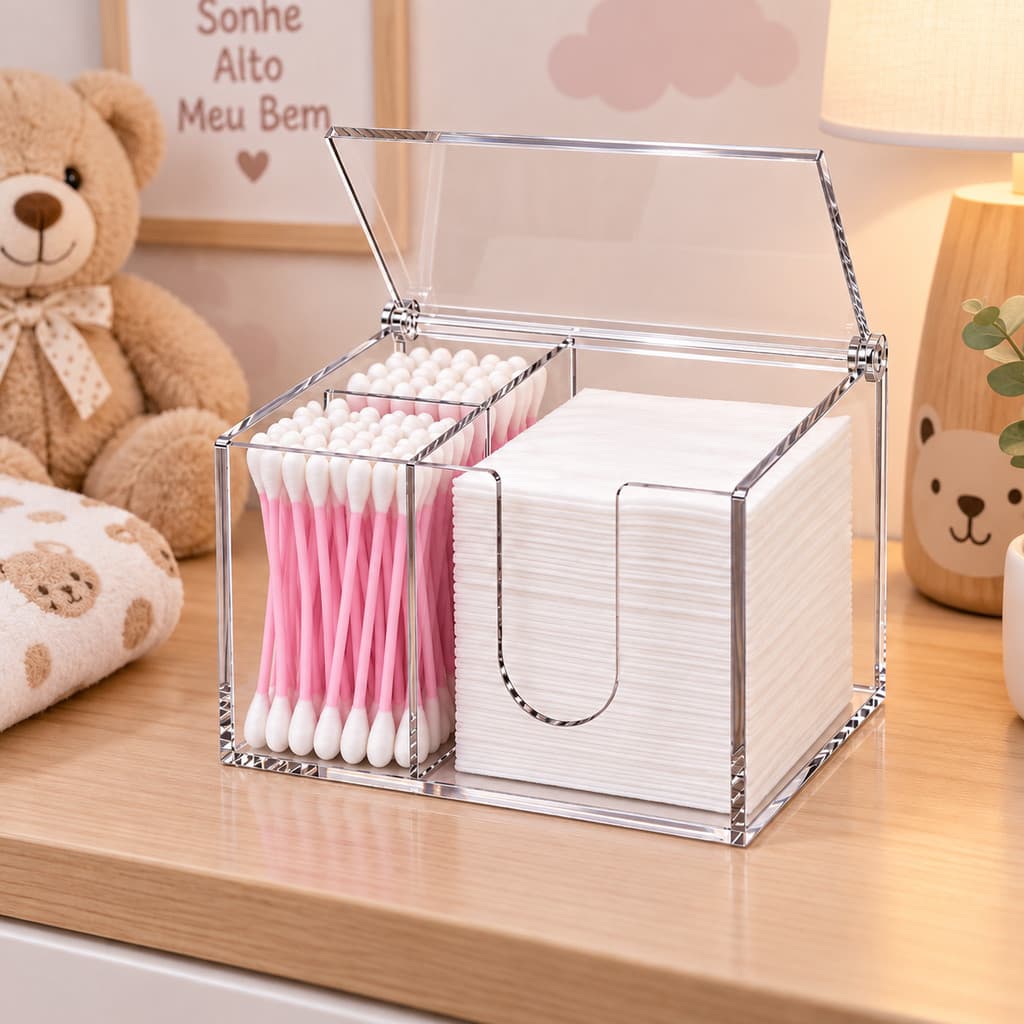 Porta Organizador de Acrílico Transparente com Tampa para Algodão Cotonete Porta Algodão Banheiro Bebê
