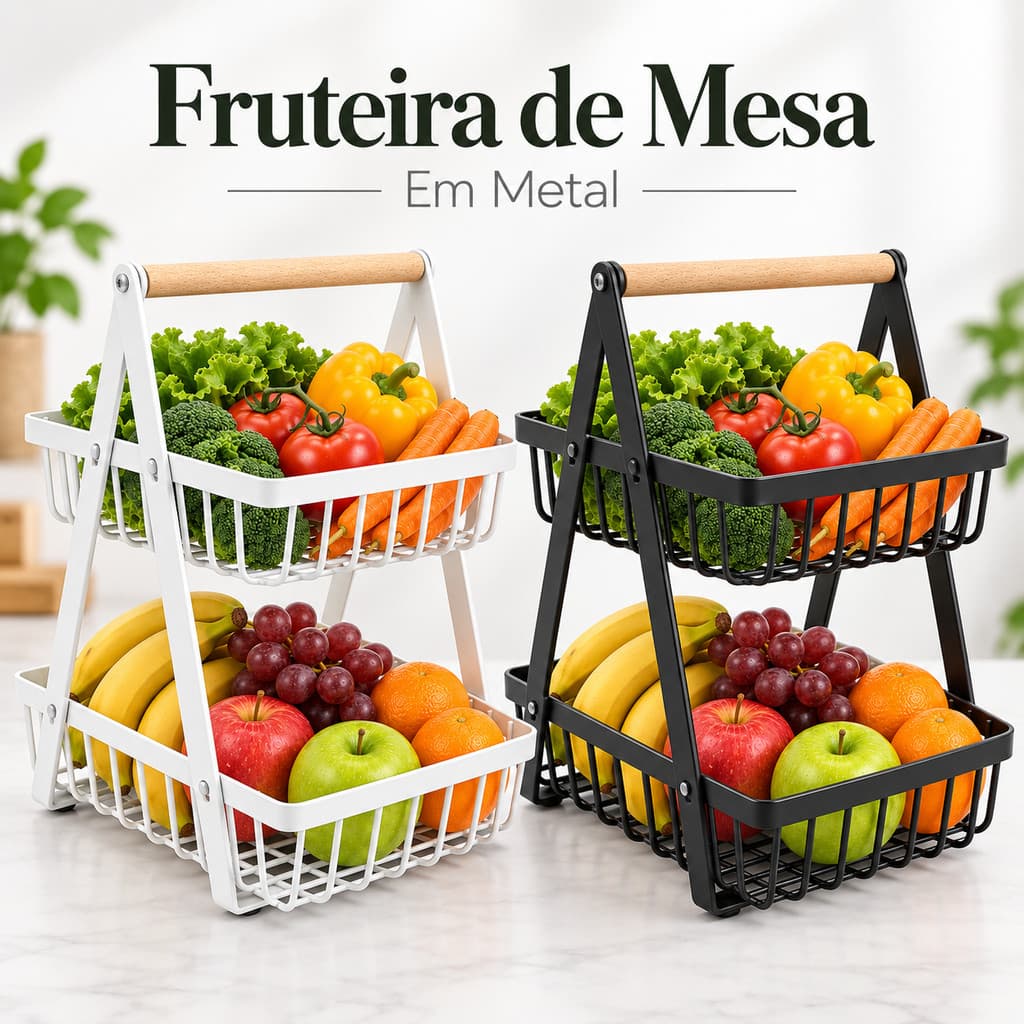 Fruteira de Mesa Metal 2 Andares Cesta Organizador Multiuso Frutas Legumes Branca Preta Prática Decorativa Cozinha