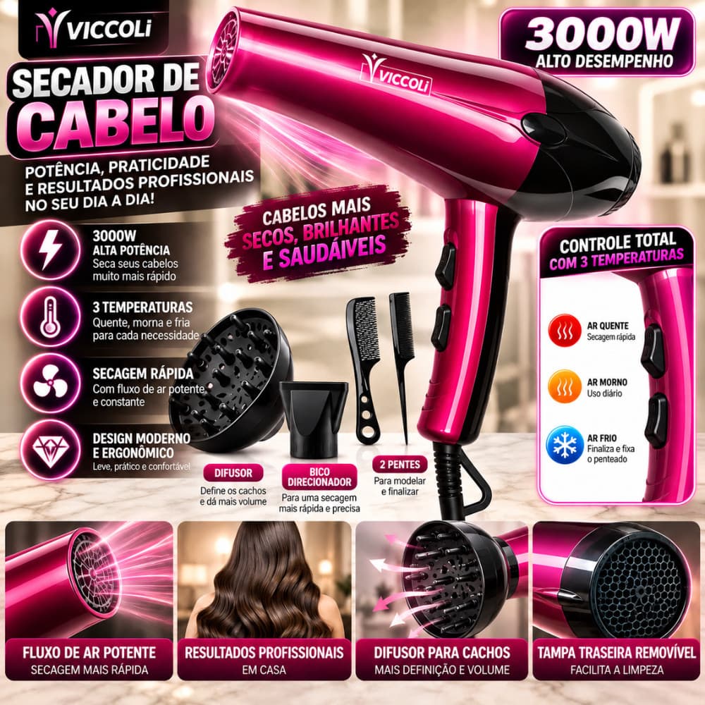 Secador de Cabelo Profissional Viccoli 3000W Potente 3 Temperaturas Ar Quente Frio com Difusor Bico e Pentes