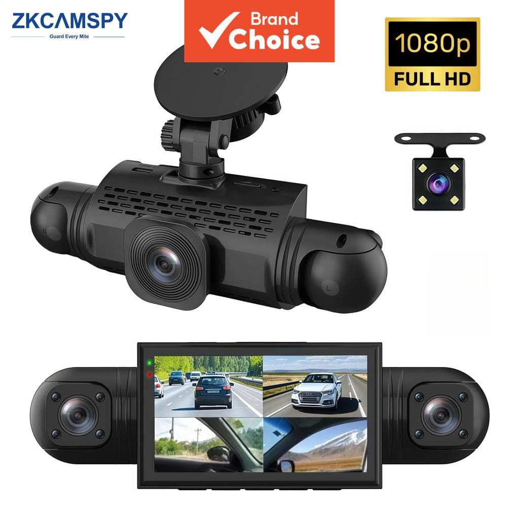 Gravador de Câmera Veicular 4 Canais 360° com Câmera Frontal, Traseira e Interna para Carro DVR com Visão Noturna,