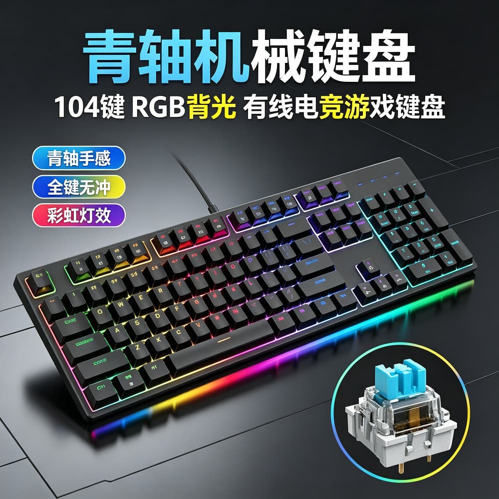 2026 Novo produto Teclado mecânico de eixo verde 104 teclas Full-Key No-Rush Cross Axis RGB Light Novo jogo Teclado de e