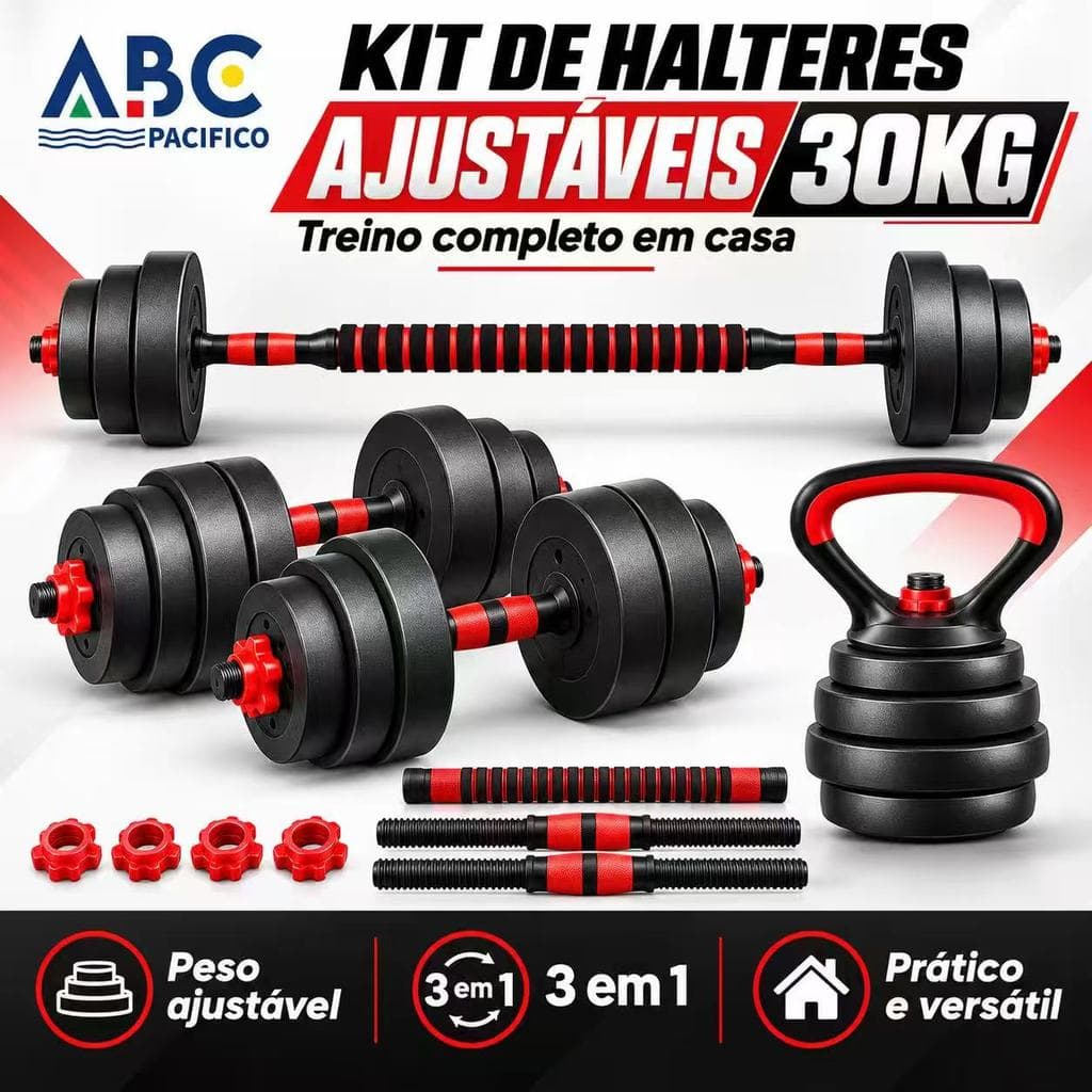 Kit Academia em Casa 20kg/30kg Halteres Ajustáveis,Inclui Barra Longa e Presilhas de Segurança