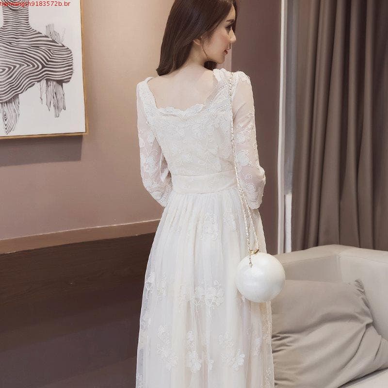 Vestido coreano França Malha renda casual branco Verão longo vestido 2024