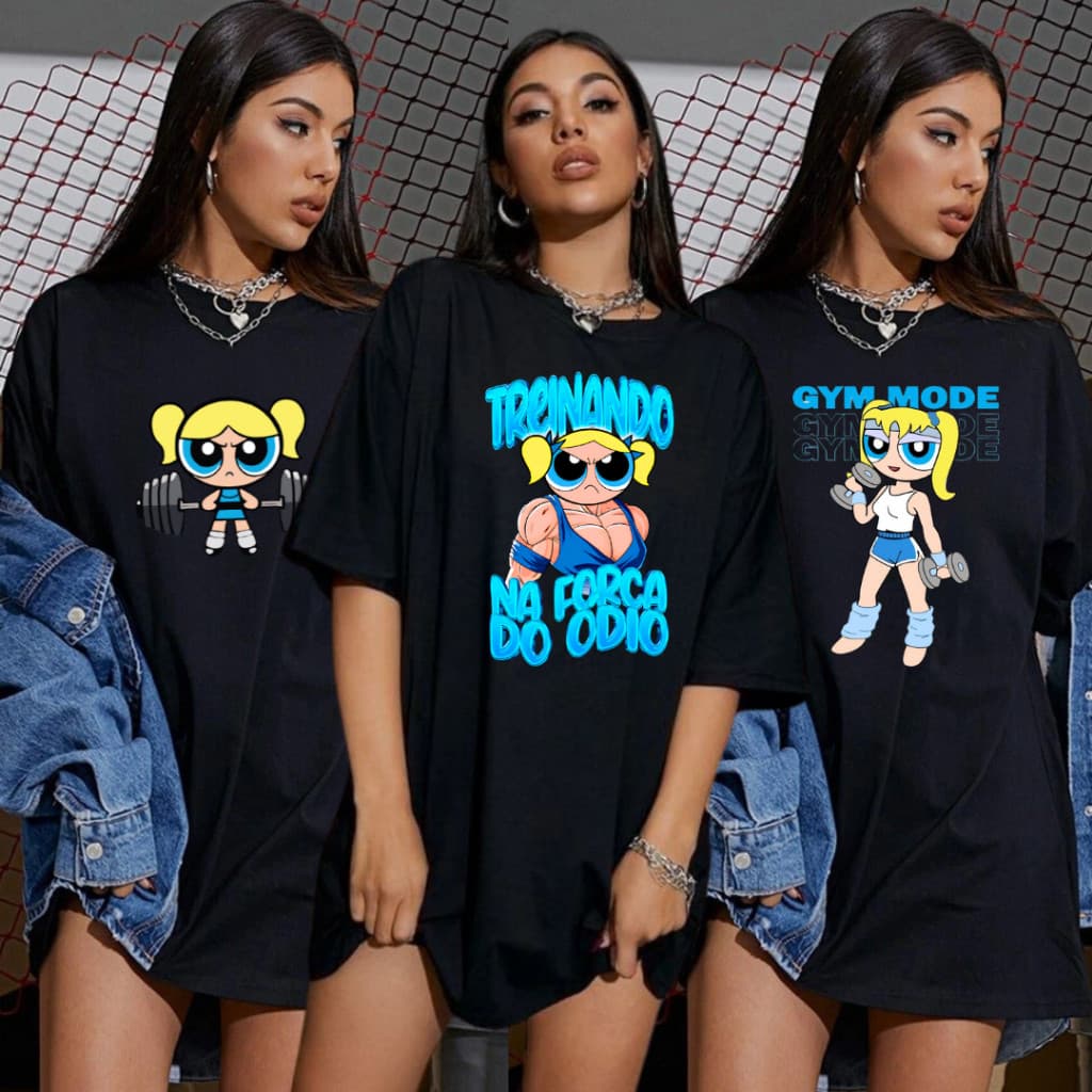 Kit 3 Camisetas Estilo Academia  Treino Crossfit Musculação Estampa Meninas Super Poderosas