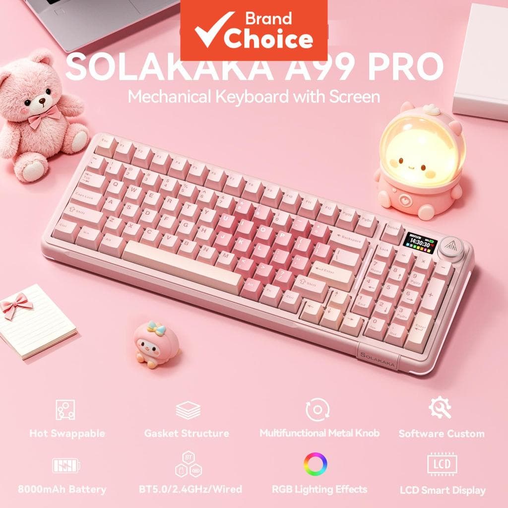 SOLAKAKA A99PRO Teclado Mecânico Tri-Modo com Tela LCD Inteligente, Troca a quente, RGB, Teclado de Jogos 8000mAh