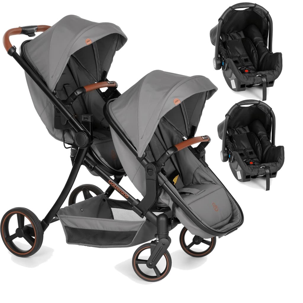 Carrinho de Bebê Gêmeos com 2 Bebê Conforto Galzerano Nix Duo Grafite