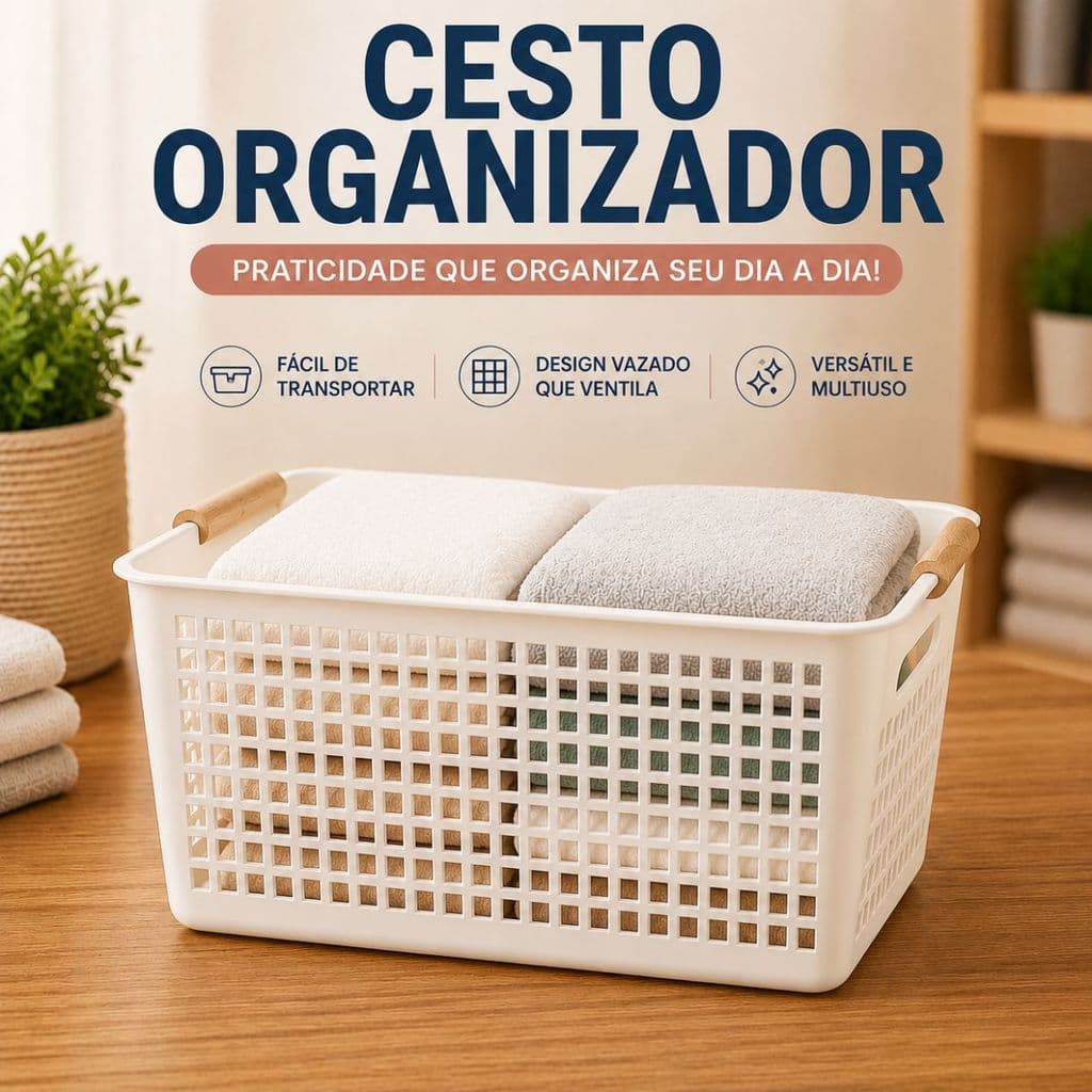 Cesto Organizador Plástico FWB 35x27x15 cm Resistente Multiuso para Cozinha Banheiro Lavanderia