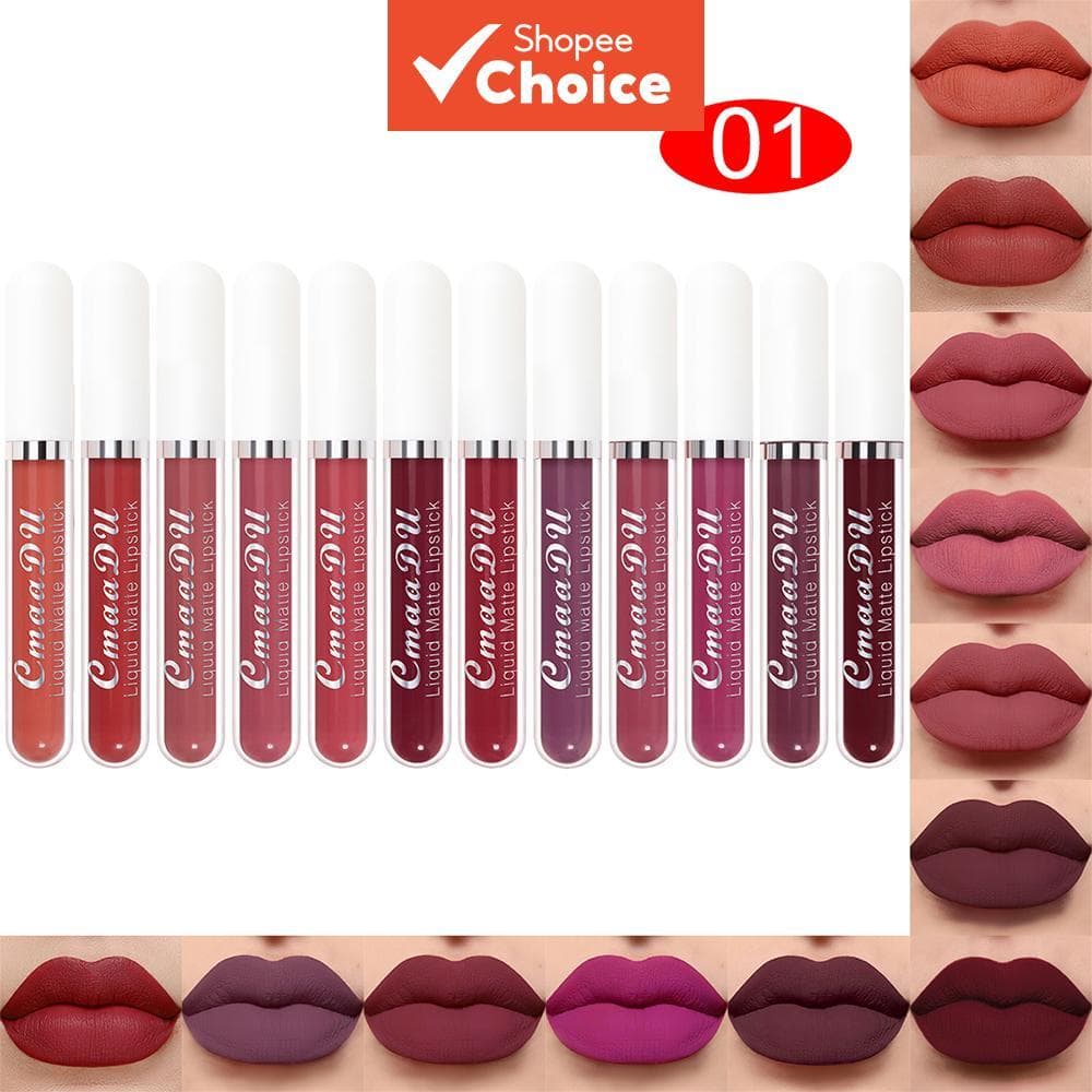 Conjunto de Batom Líquido Matte CmaaDU com 12 Cores, Brilho Labial à Prova d'Água de Longa Duração, Batom Aveludado Não