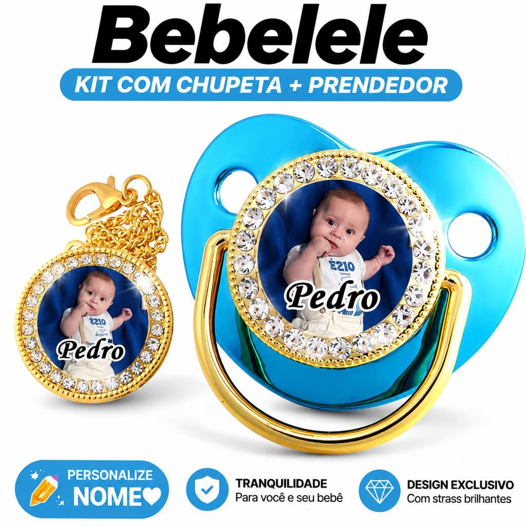 Chupeta de bebé em formato plano, personalizada com nome/foto, acompanha chupeta/clip/corrente/fecho&EICY