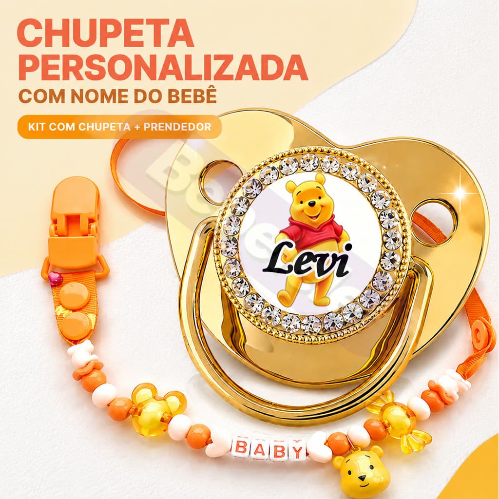 Cor Dourada Chupeta de Bebê Personalizada com Nome - Kit Chupeta + Prendedor de Elos Bling