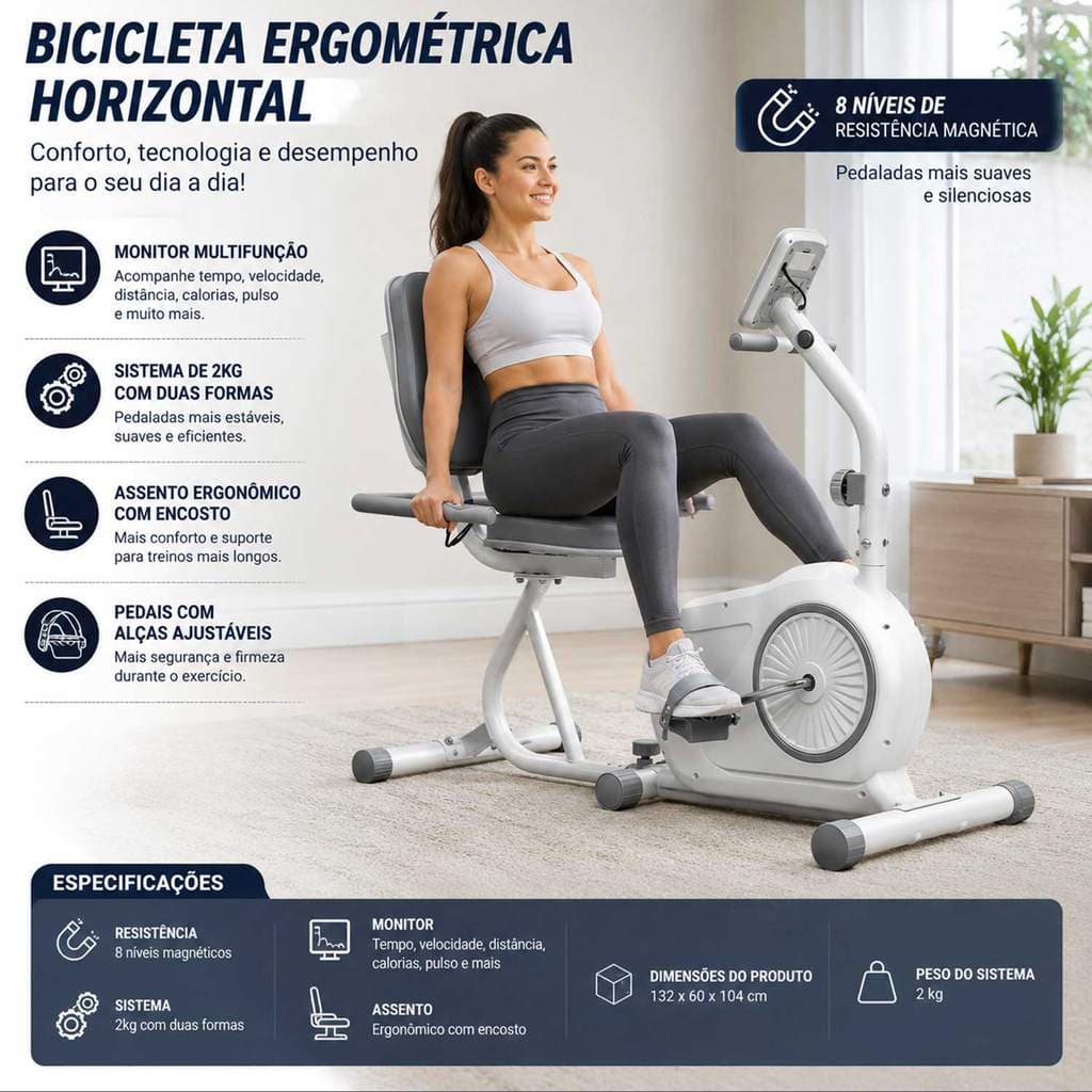 Bicicleta Ergométrica Horizontal Magnética 8 Níveis Monitor LCD Assento com Encosto