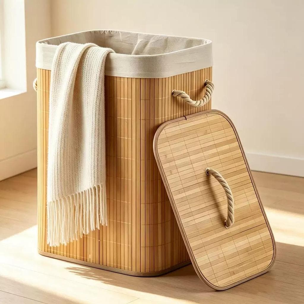Cesto de Roupa Suja Bambu Retangular 72L Com Tampa Alças Forrado Organizador Banheiro Lavanderia Multiuso