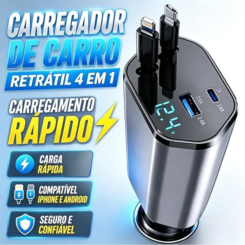 Carregador Veicular 4 em1 Retrátil Turbo 120W Cabo Tipo C iPhone USB Display Voltagem Carro 12V 24V