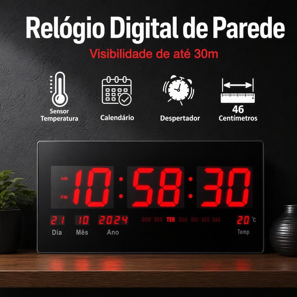 Relógio De Parede 46cm Led Digital Termometro Data Empresa