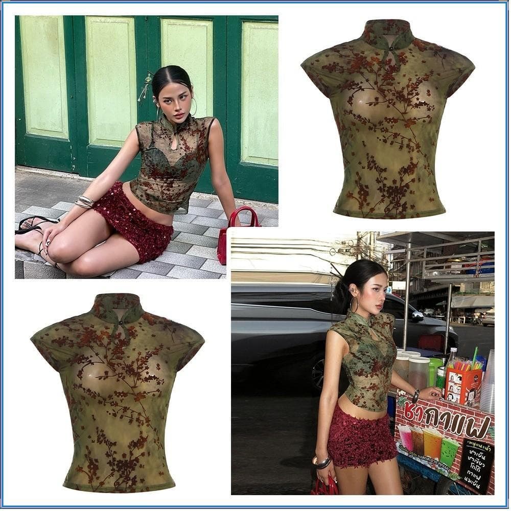 FAYSHOW Regata Feminina Transparente , Tecido Elástico Sem Mangas Com Estampa De Flor De Ameixa , Patchwork Jacquard