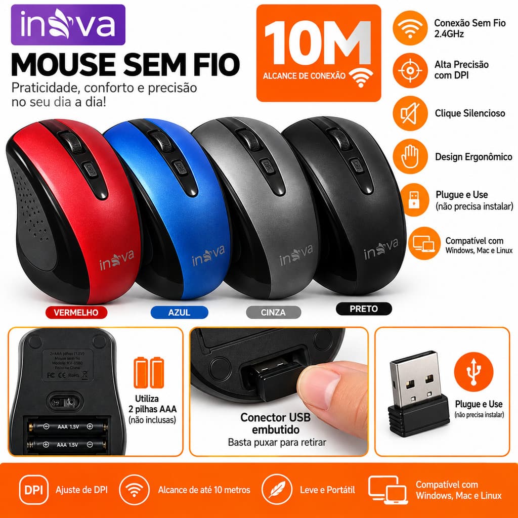 Mouse Sem Fio Inova Wireless USB 2.4GHz 10m DPI Ajustável