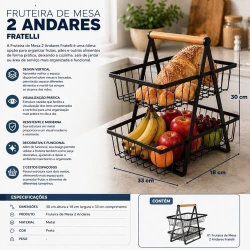 Organizador De Frutas 2 Andares Preto Suporte Multiuso Cozinha