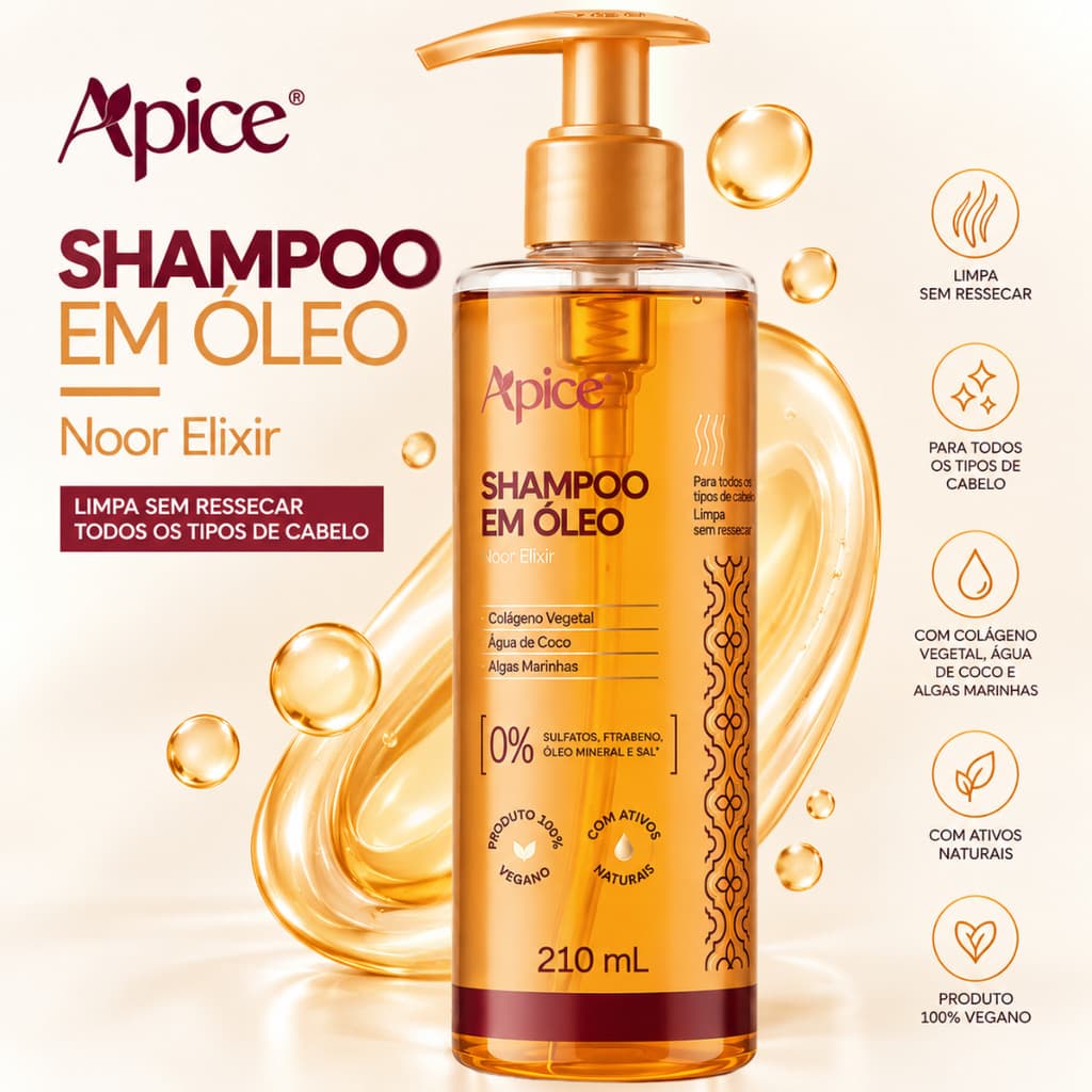 Shampoo em Óleo 210ml Noor Elixir Apice Shampoo Profissional Shampoo Hidratante Shampoo Hidratante Profissional Apse