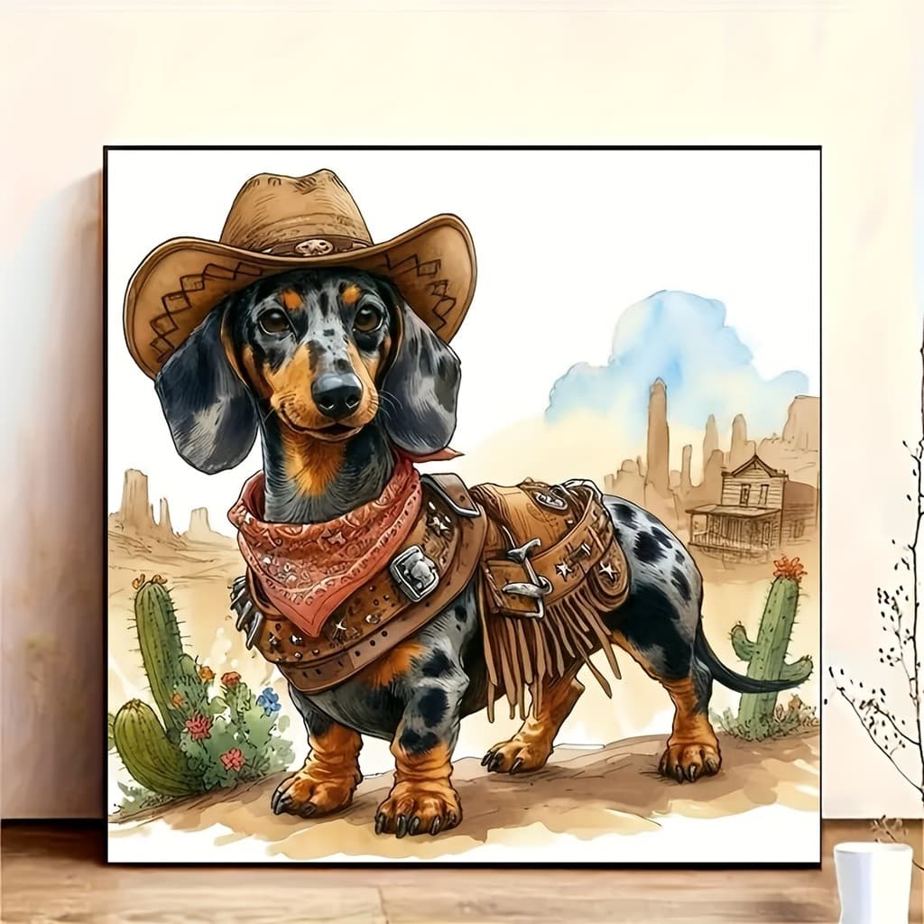 Kit De Pintura De Diamante 5D Para Cachorro De Pernas Compridas Cowboy-Arte DIY Sem Moldura , Acrílico Redondo , Decoraç