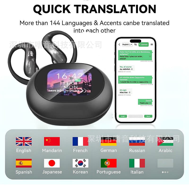 Fone de ouvido MINISO Smart AI Tradução, fone de ouvido Bluetooth MS188, fone de ouvido suspenso com tela OWS HD